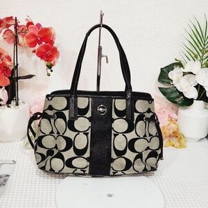 COACH Black White Logo Print Signature Jacquard Carryall Shoulder Bag